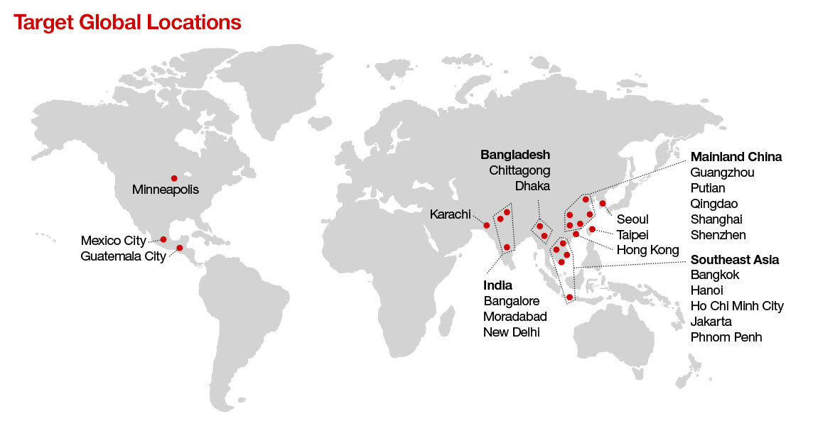 A map of Target's Global locations across China, South Asia, South East Asia, Hong Kong and Latin America.