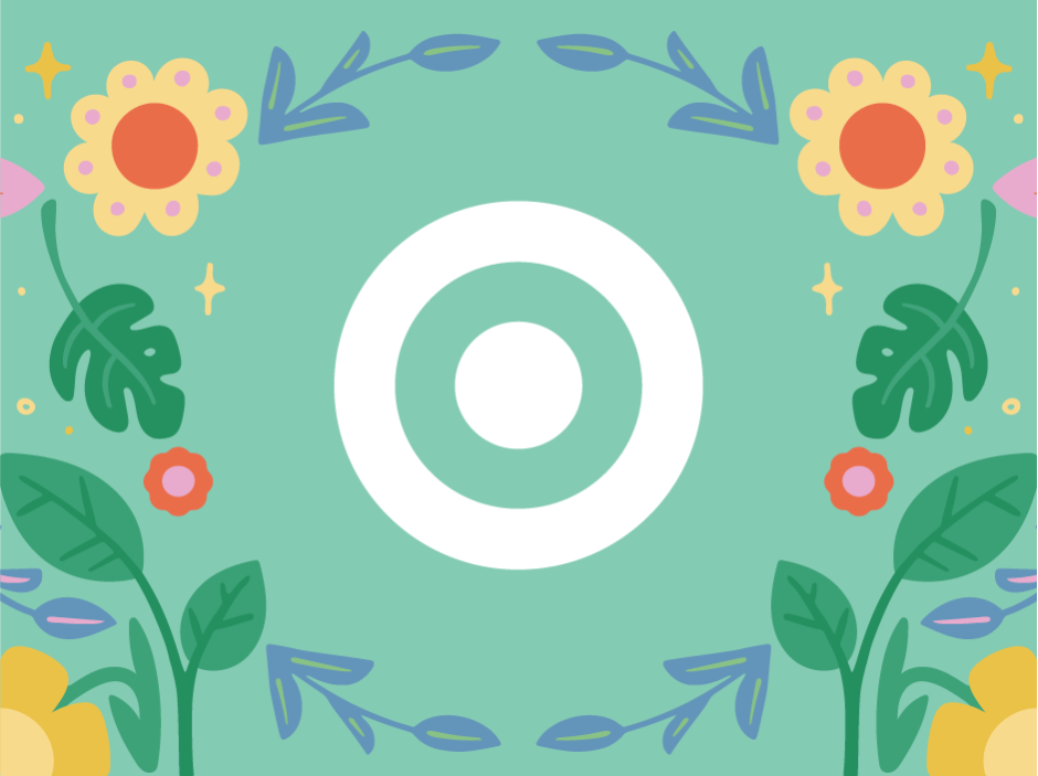 A banner with the Target logo surrounded by illustrations of flowers and leaves.