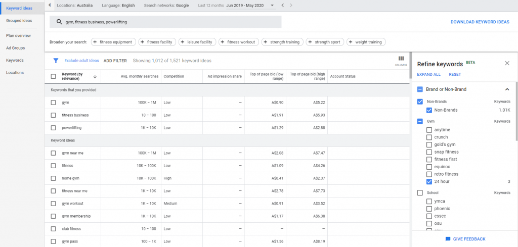 gym keyword planner