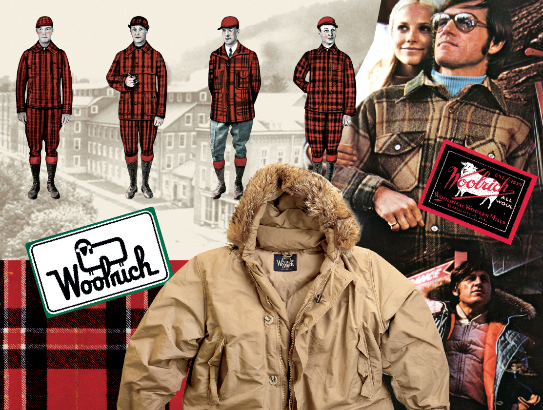 a collage of images showing the Woolrich heritage, like an tan parka, a Woolrich logo, and images from past ad campaigns.